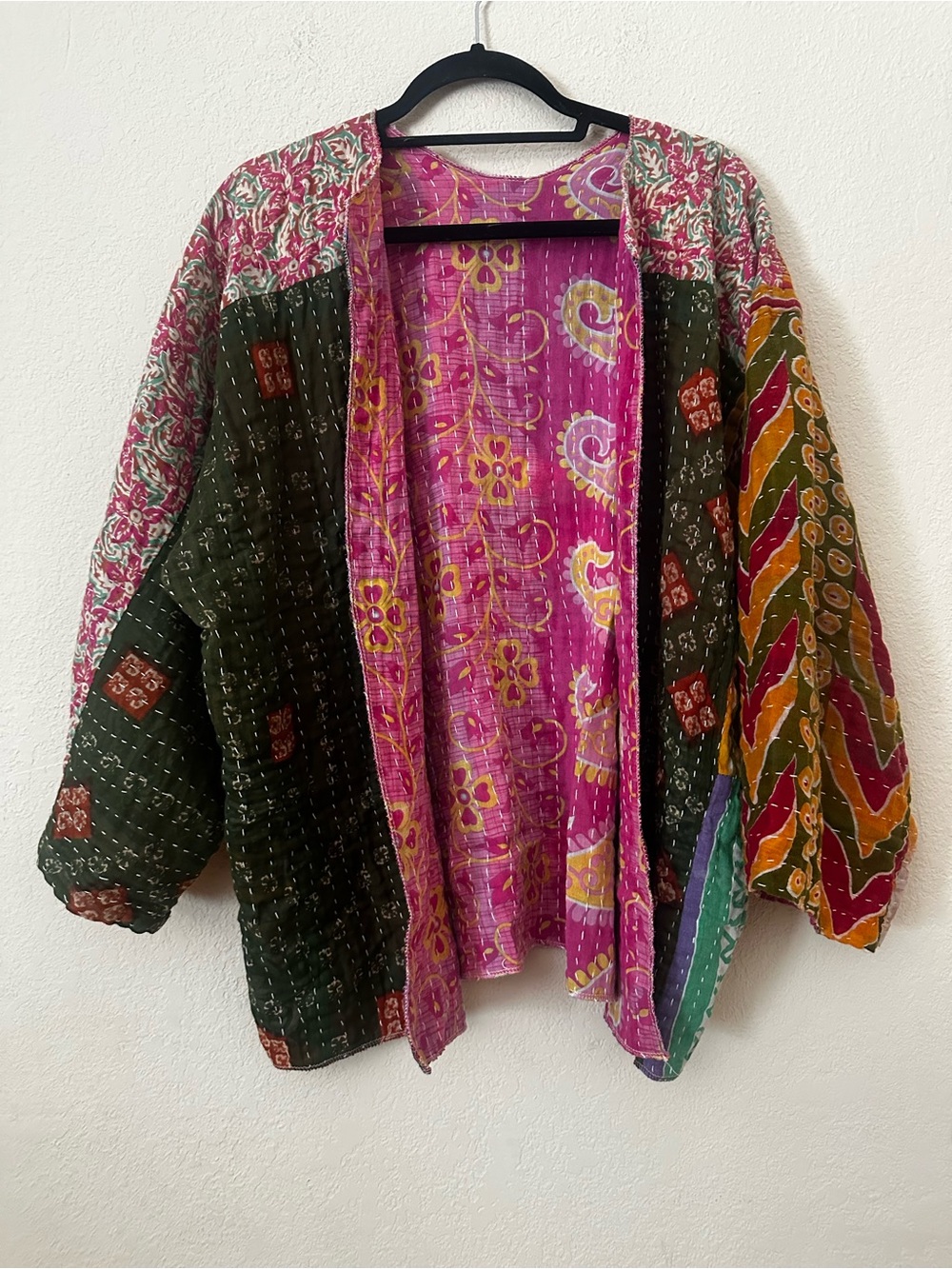 Kantha Boho Patchwork Kantha Jacket - Pink & Olive size L